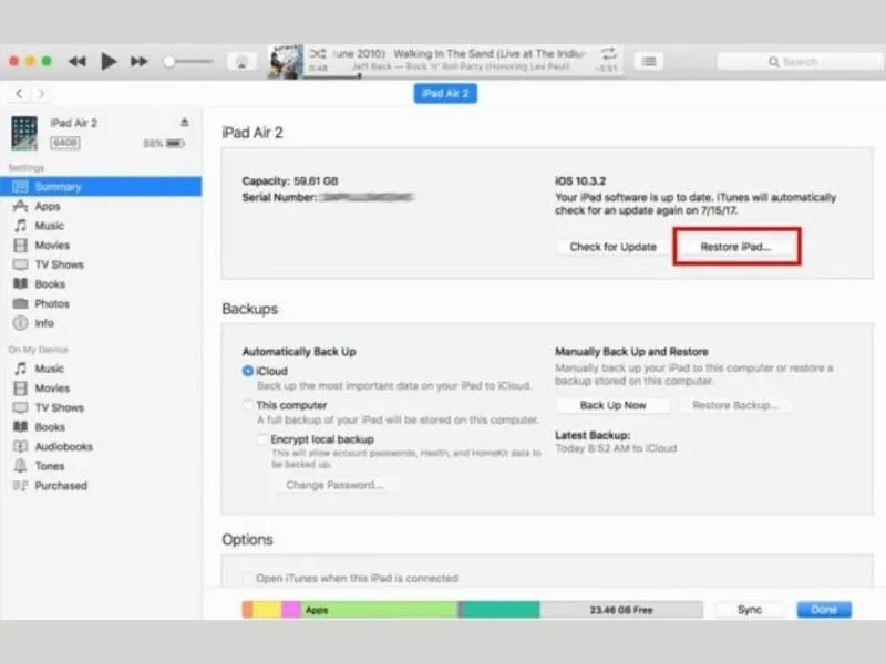 Chọn Restore iPad để khôi phục iPad bị vô hiệu hóa kết nối iTunes