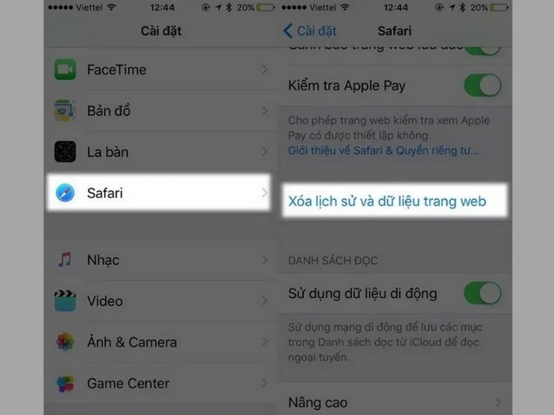 Xóa lịch sử và dữ liệu web khắc phục lỗi ipad không tải được ứng dụng
