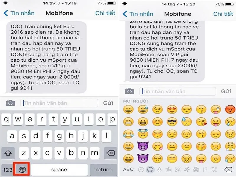 Biểu tượng hình cầu để mở icon bàn phím trên iPhone