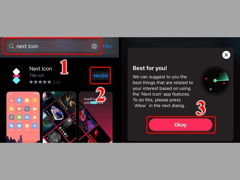 Tải và cài đặt ứng dụng Next Icon trên iOS từ App Store và cấp quyền ứng dụng