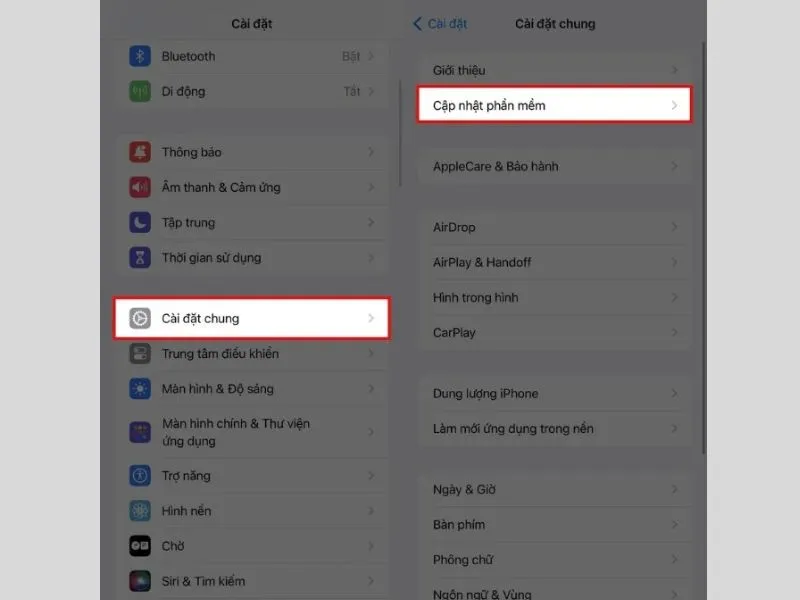 Chọn vào mục Cài đặt chung > nhấn Chọn Cập nhật phần mềm.