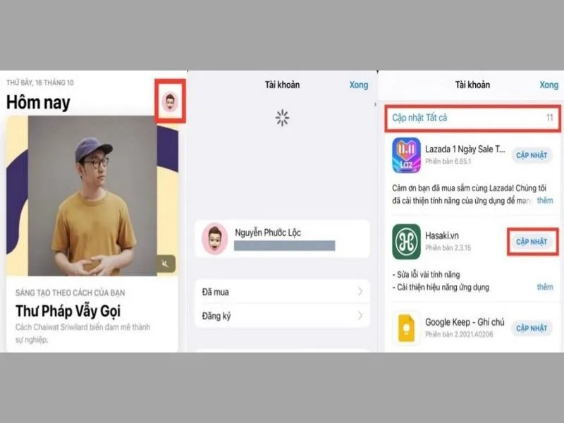 Nhấn chọn muc cập nhật được hiển thị bên cạnh các ứng dụng