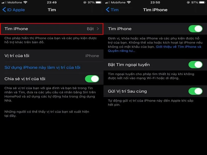 Bấm vào “Tìm iphone” và thực hiện bật lần lượt các nút công tắc như trên