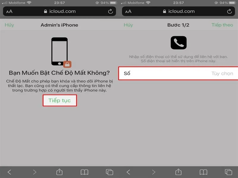 Khóa iphone bị mất Apple ID và nhập số điện thoại vào