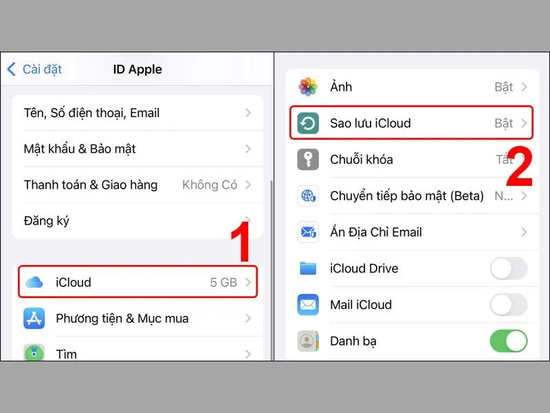 Nhấn chọn Sao lưu iCloud