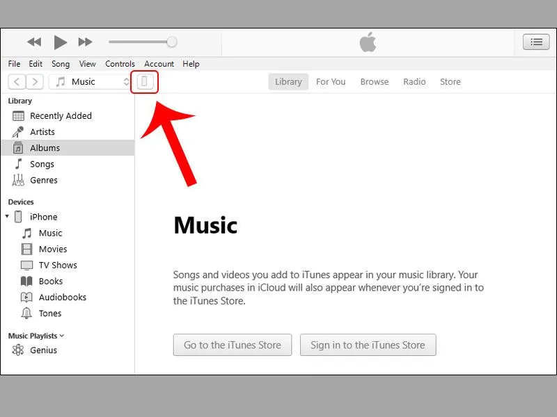 Chọn biểu tượng iPhone trên ứng dụng iTunes