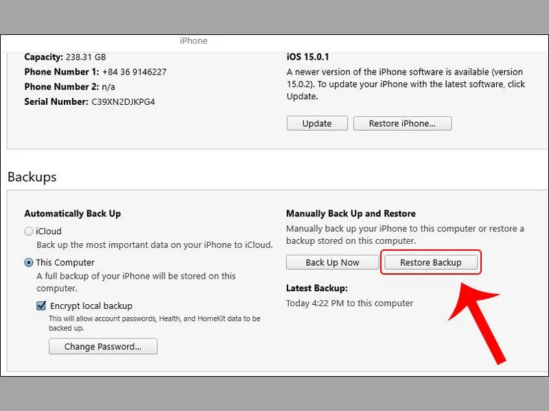Chọn Khôi phục bản sao lưu (Restore Backup)
