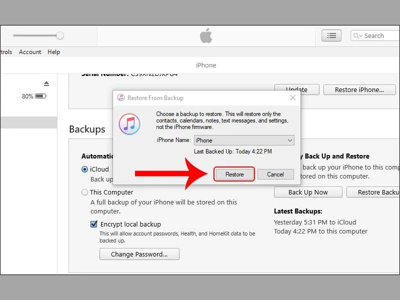 Chọn Khôi phục (Restore) để khôi phục tin nhắn đã xóa trên iPhone bằng iTunes