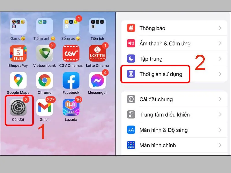 Vào Cài đặt rồi chọn mục Thời gian sử dụng