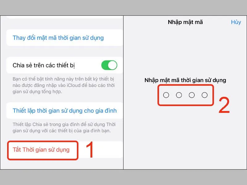Chọn Tắt thời gian sử dụng rồi nhập mã để xác nhận