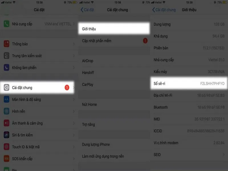 Vào Cài đặt >> Cài đặt chung >> Giới thiệu và tìm mã IMEI để lấy mã IMEI