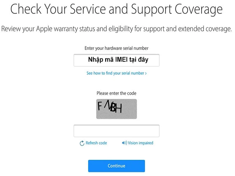  Nhập mã IMEI vào và bấm Continue