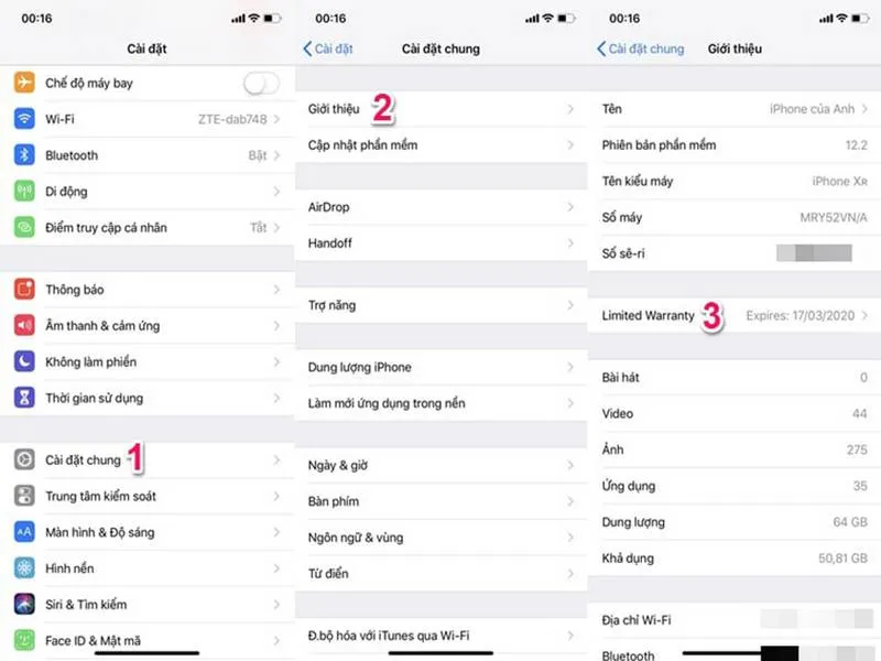 Hình ảnh mô tả các thao tác bạn cần thực hiện để kiểm tra bảo hành iphone