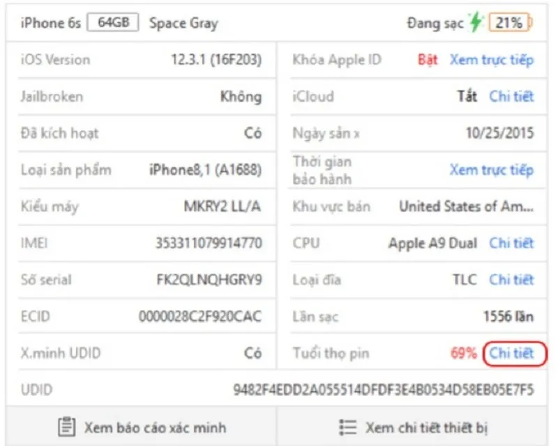 3uTools thông số chuẩn xác