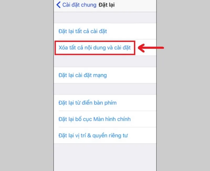 Chọn xóa tắt cả nội dung và cài đặt