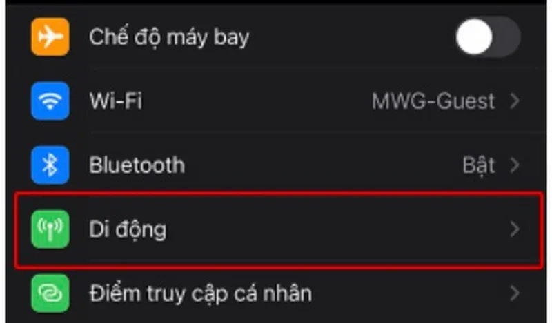 chọn di động trong cài đặt