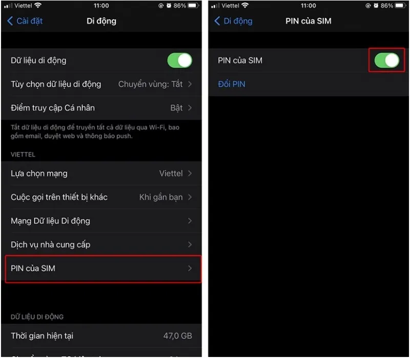 bật pin của sim 