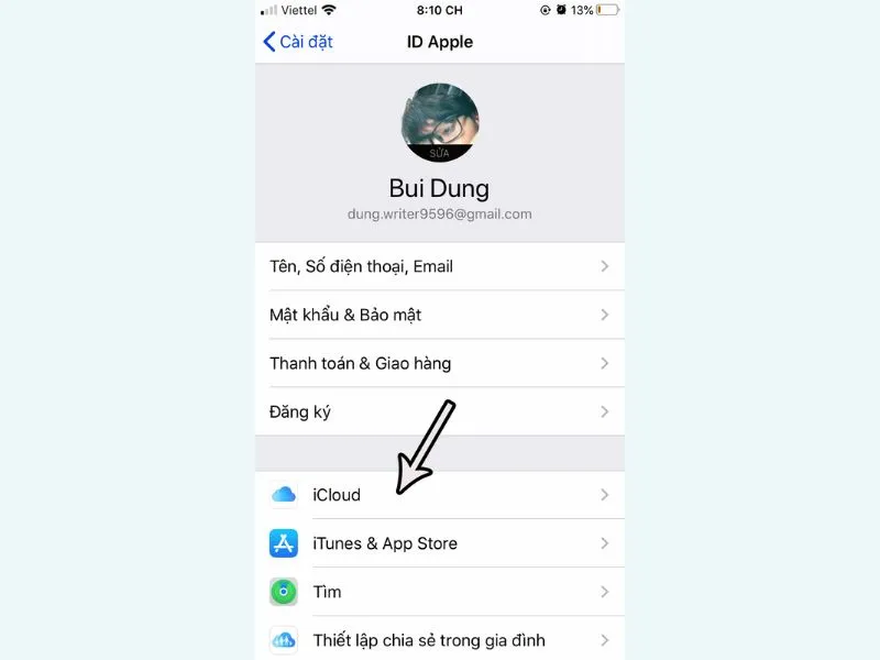 Nhấn chọn vào mục iCloud