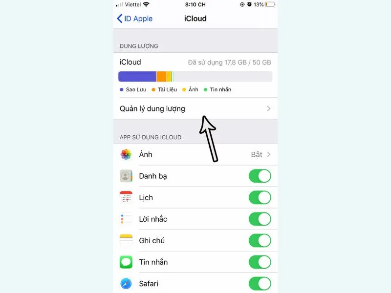 Ấn vào quản lý dung lượng
