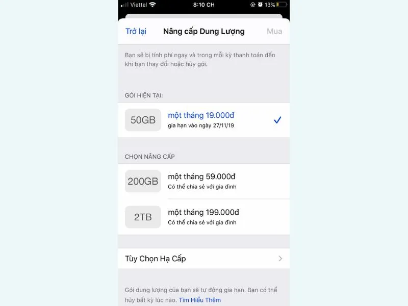 Chọn gói dung lượng mà bạn muốn nâng cấp