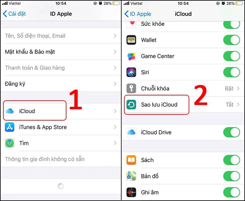 Sao lưu dữ liệu iPhone - Vào mục iCloud chọn sao lưu iCloud