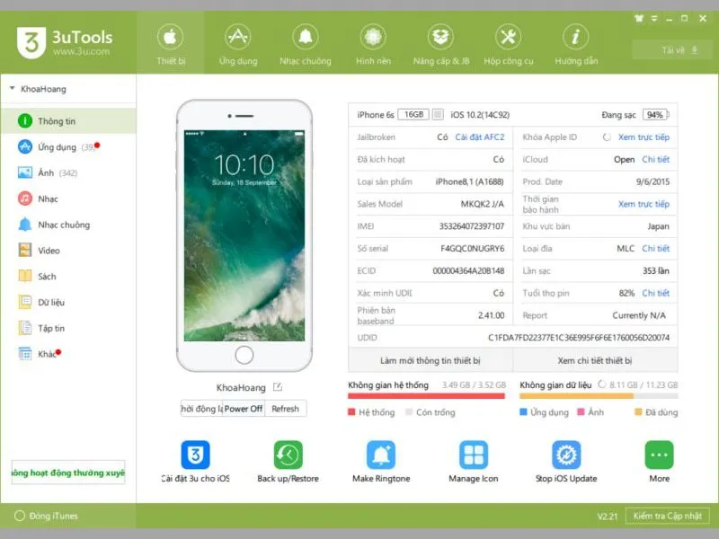 Sao lưu dữ liệu iPhone trong ứng dụng 3uTools