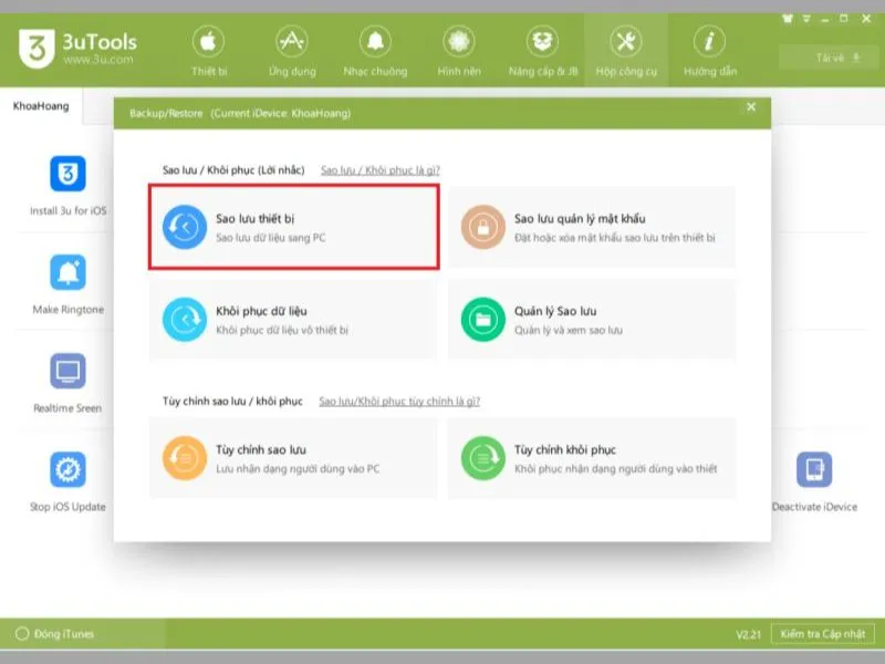 Chọn sao lưu thiết bị