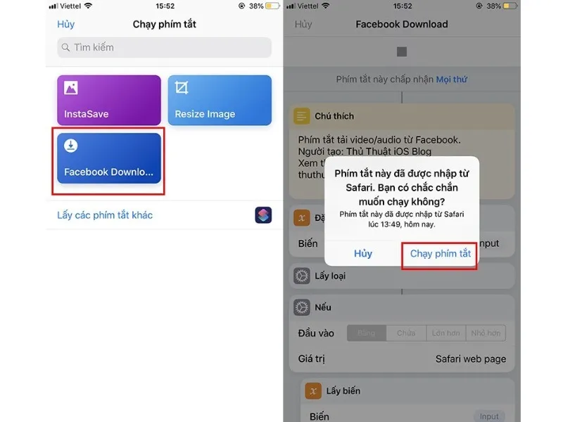 Chọn nút “chạy phím tắt” để Tải video facebook về iPhone