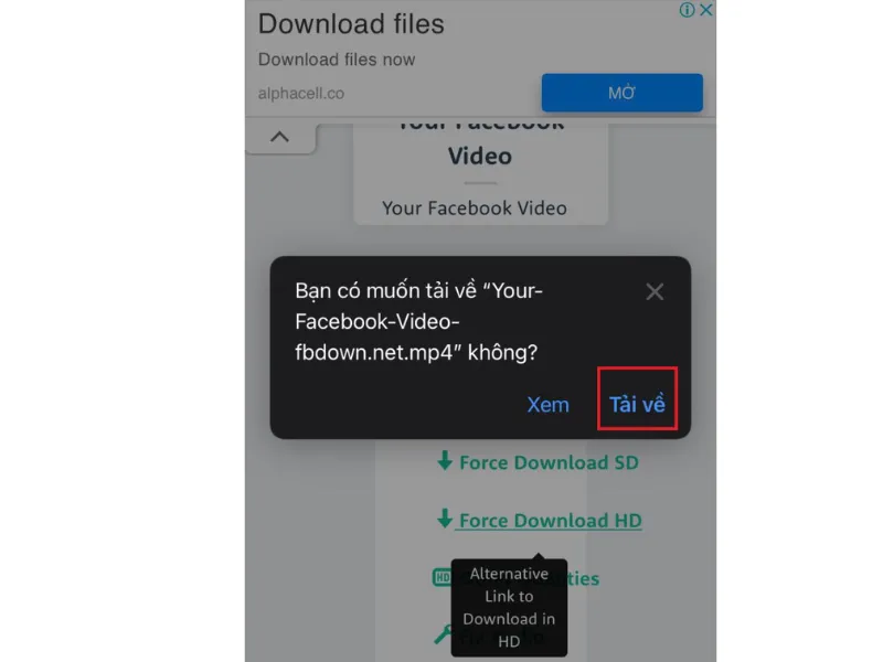 nhấn tải về để tải video facebook về iphone