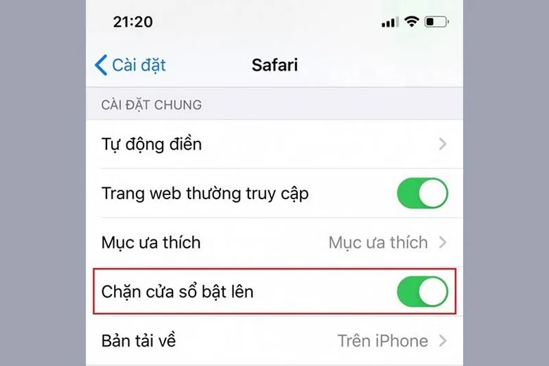 Bật chặn cửa sổ lên trong Safari