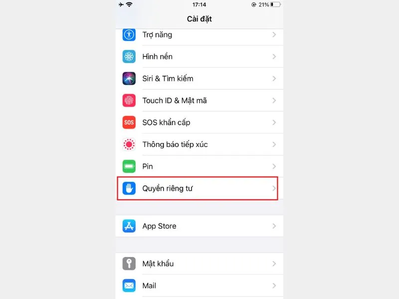 Chọn vào quyền riêng tư