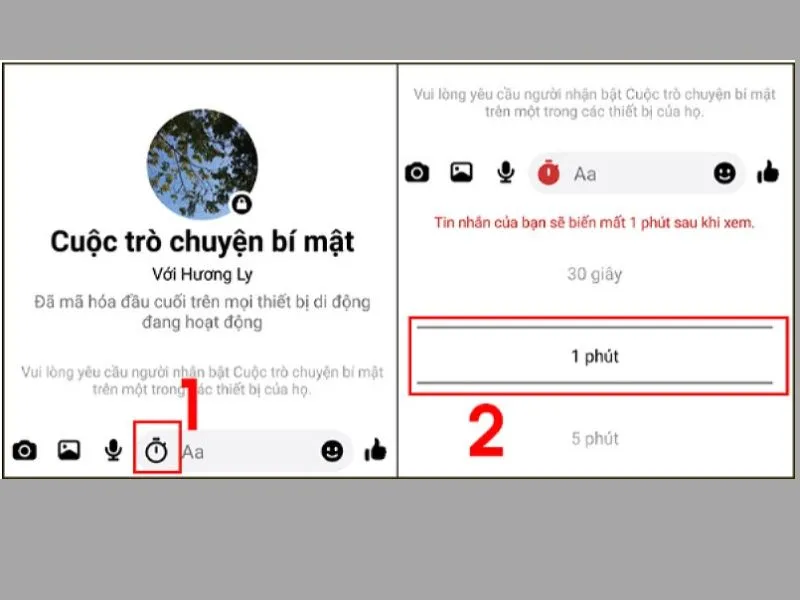 Nhấn biểu tượng đồng hồ và hẹn giờ nhắn tin messenger