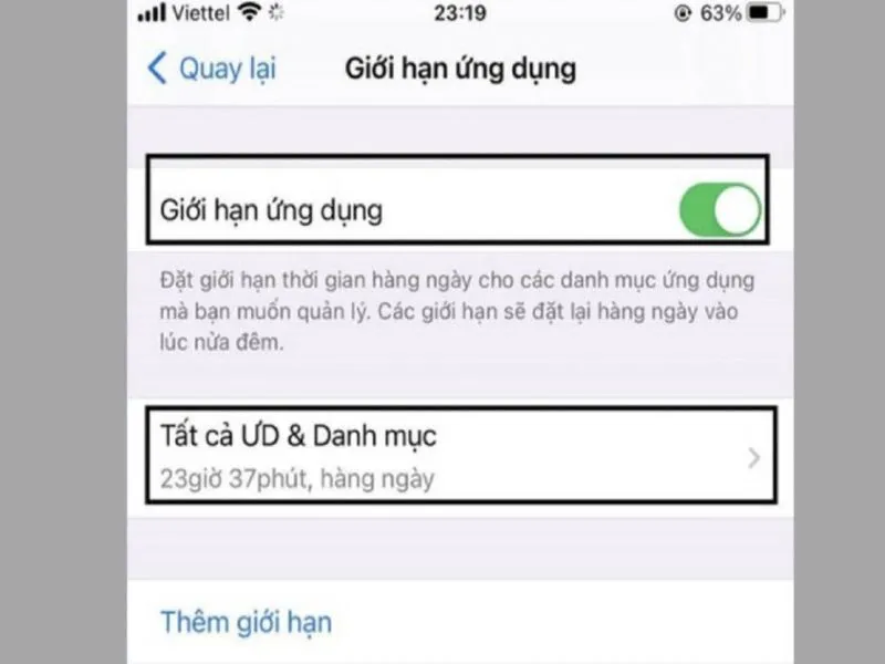 Bật tính năng “Giới hạn ứng dụng” tại mục “Thời gian sử dụng”