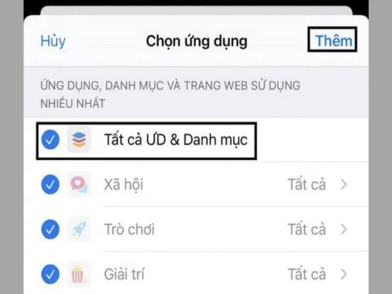 Chọn tất cả ứng dụng hiện có trên điện thoại của bạn để thiết lập tính năng