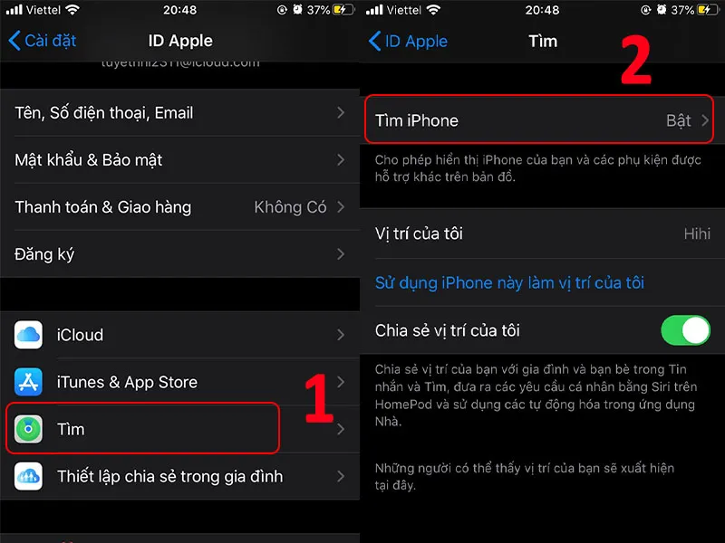 Chọn Tìm và chọn tiếp vào Tìm iPhone