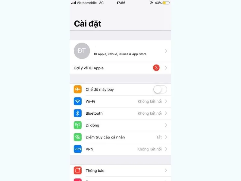 Nhấn chọn vào ID Apple của bạn