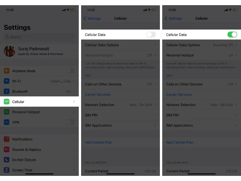 Bật Cellular Data 