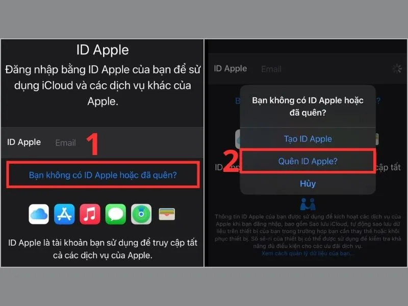 Chọn Bạn không có ID Apple hoặc đã quên?> Bấm Quên ID Apple?