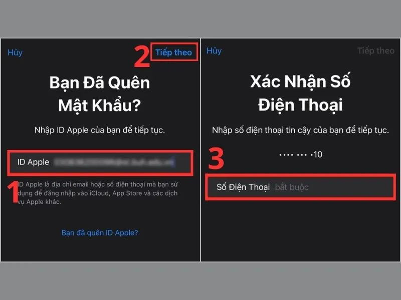 Nhập ID Apple > nhập Số Điện Thoại đã đăng ký tài khoản iCloud đó