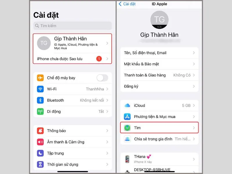 Vào Tài khoản của bạn chọn Tìm