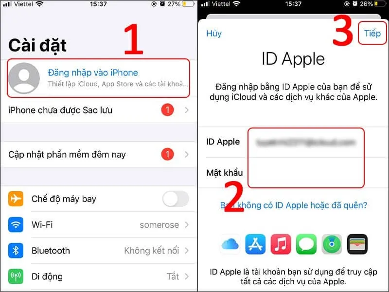 Đăng nhập tài khoản Apple, iCloud