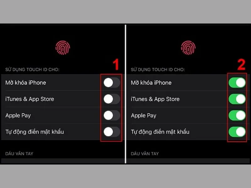 Tắt rồi bật lại chức năng TOUCH ID trên thiết bị