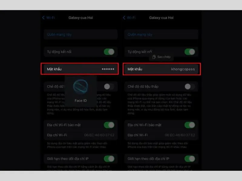 Xác nhận bằng face ID để xem mật khẩu wifi trên iPhone