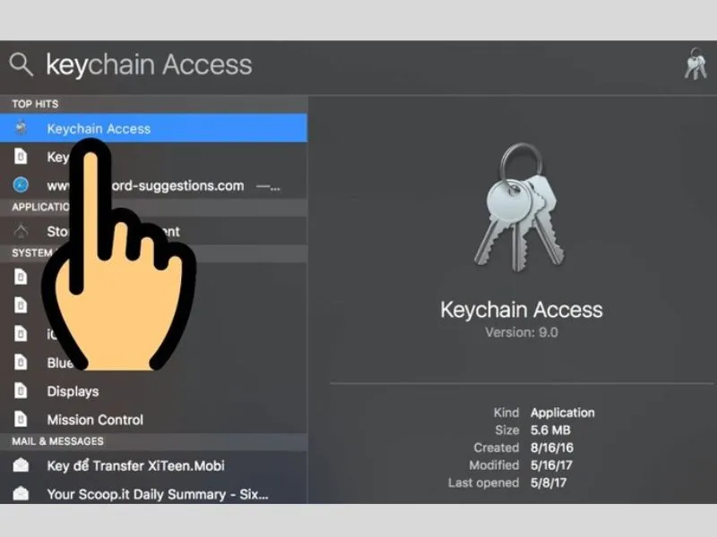 Mở keychain access trên máy mac