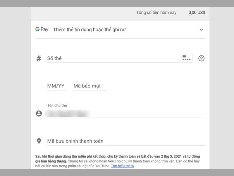 Điền các thông tin theo yêu cầu để hoàn tất thủ tục đăng ký Youtube Premium