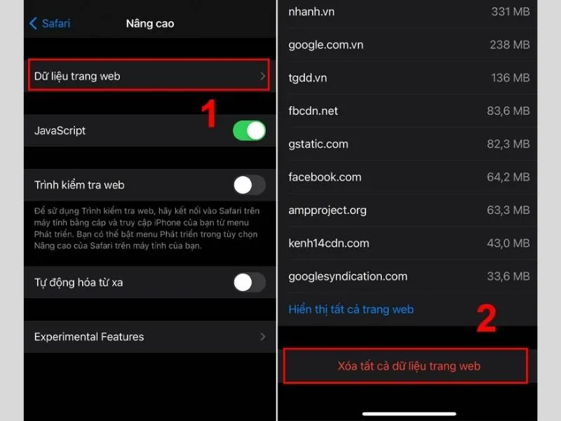 Xoá tất cả dữ liệu trang web