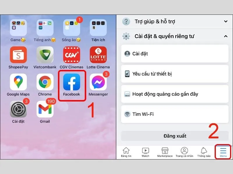 Chọn menu sau khi mở ứng dụng Facebook