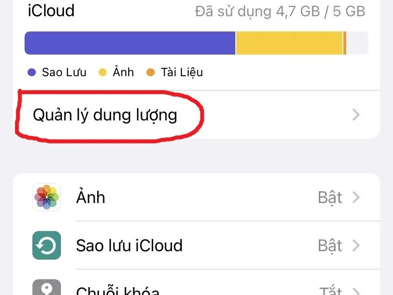 Hãy chọn vào mục “ Quản lý dung lượng”