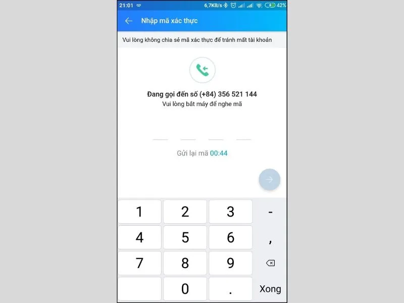 Nhập mã xác nhận hoàn thành cách lấy lại tài khoản Zalo bị khóa
