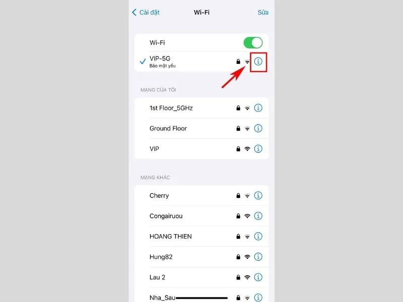 Bấm vào thông tin chi tiết của wifi bạn đang kết nối